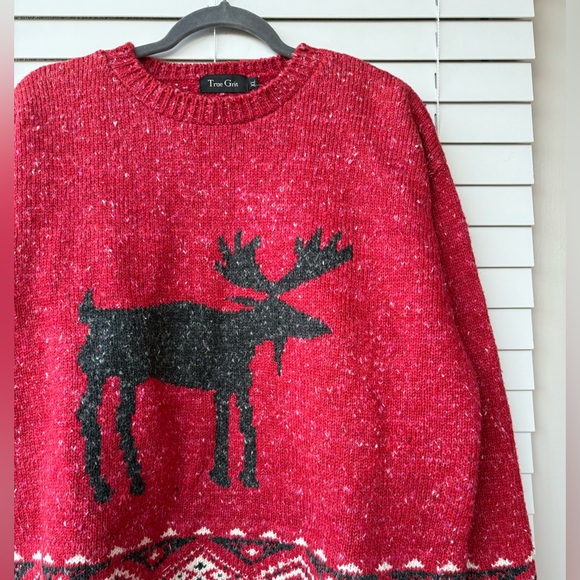 Vintage True Grit Alpine Moose Sweater Fair Isle Christmas Red XL Phoebe Buffay - Picture 4 of 13